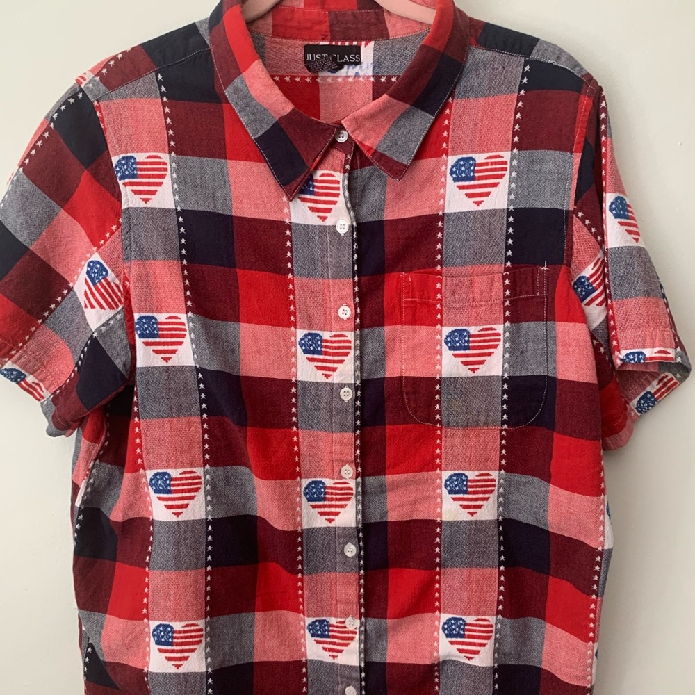 Plaid Patriotic Vintage Heart American Flag Button Down Collar Shirt checkered